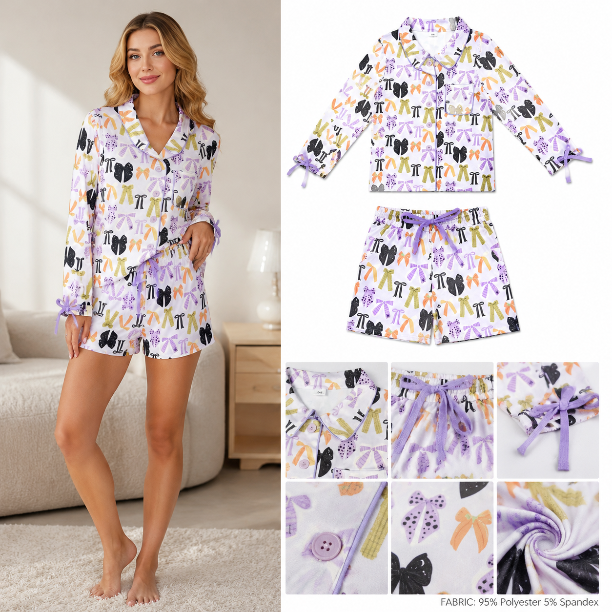 GLS0120 ADULT WOMEN colorfulbows  print short sleeve pajamas