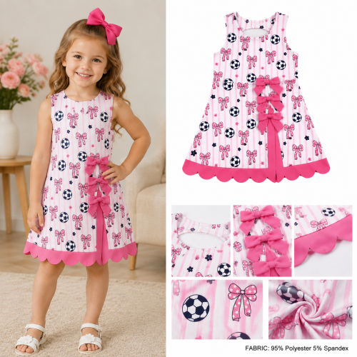 GSD4100 RTS Pink white stripe bows football print active girl yoga scallop dress