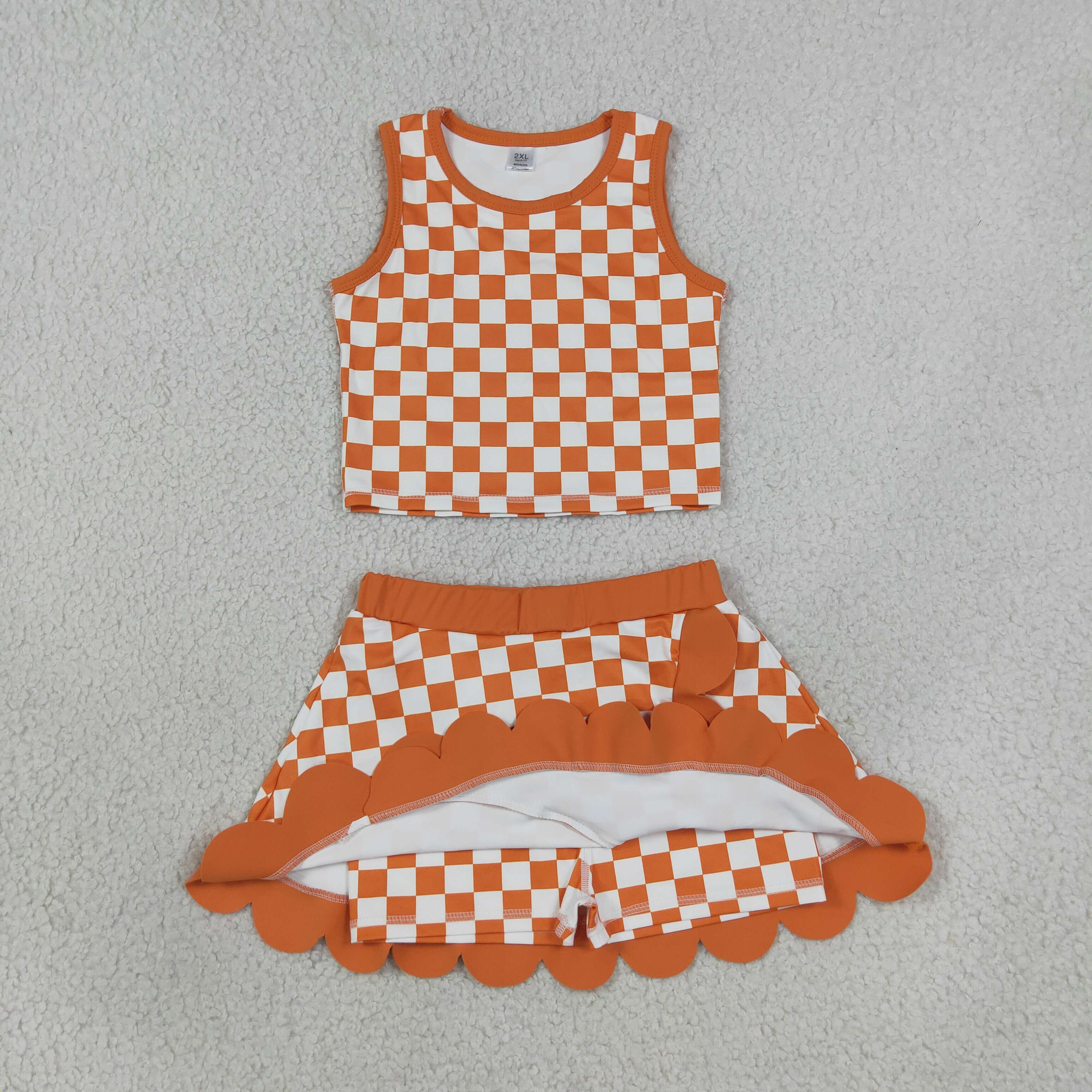 GSD4252  Orange white plaid scallop print active girl yoga skirt team scallop dress