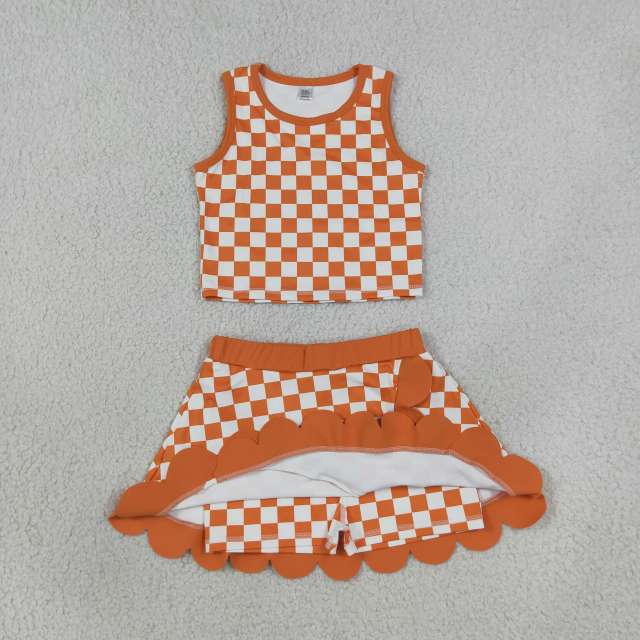 GSD4252  Orange white plaid scallop print active girl yoga skirt team scallop dress