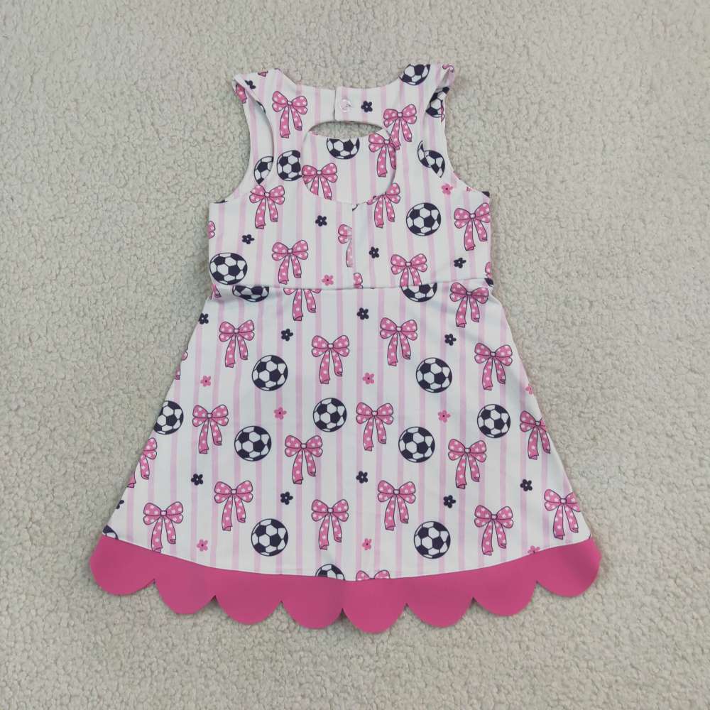 GSD4100 RTS Pink white stripe bows football print active girl yoga scallop dress