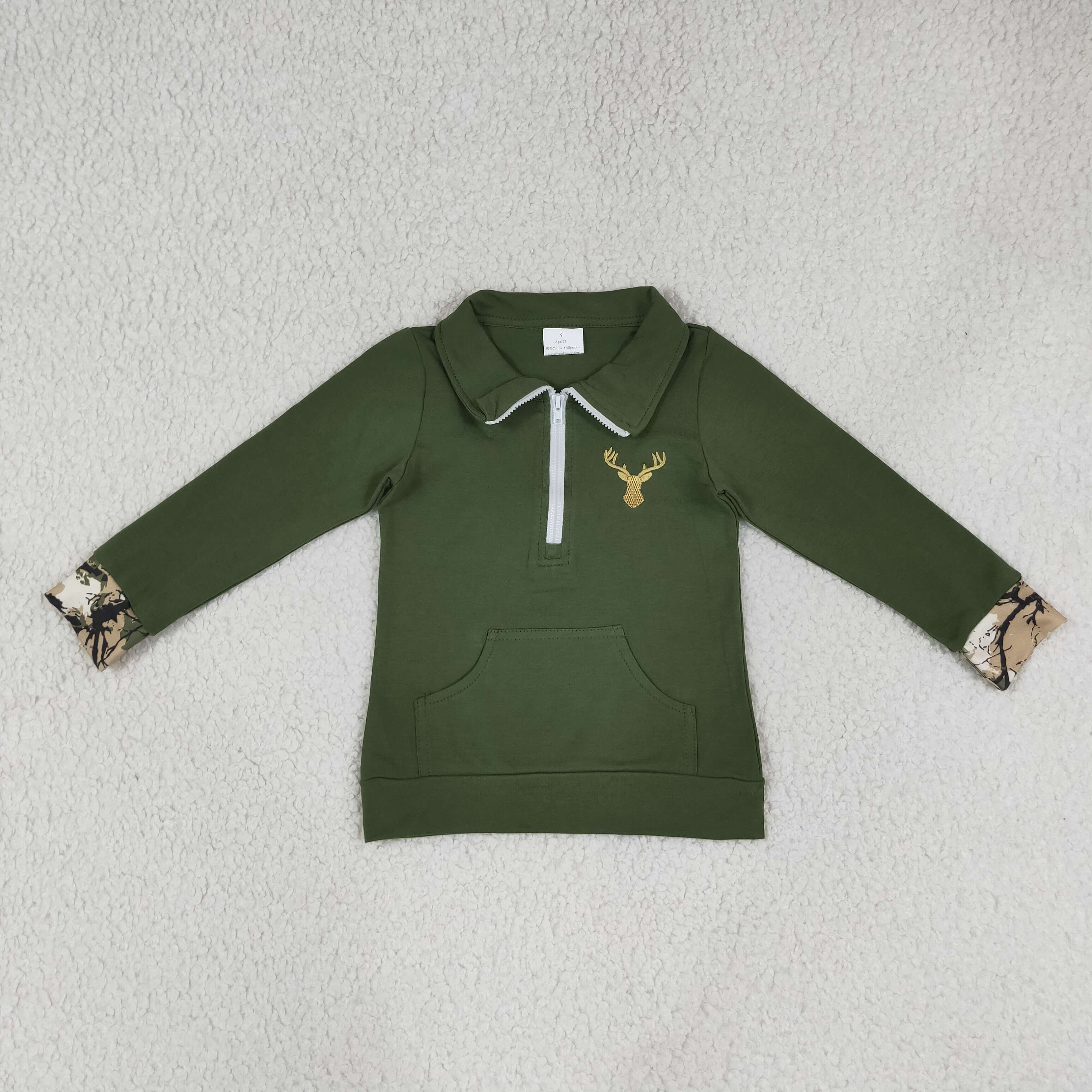 GLP3369  Green deer embroidery scallop Print long sleeve girl outfits