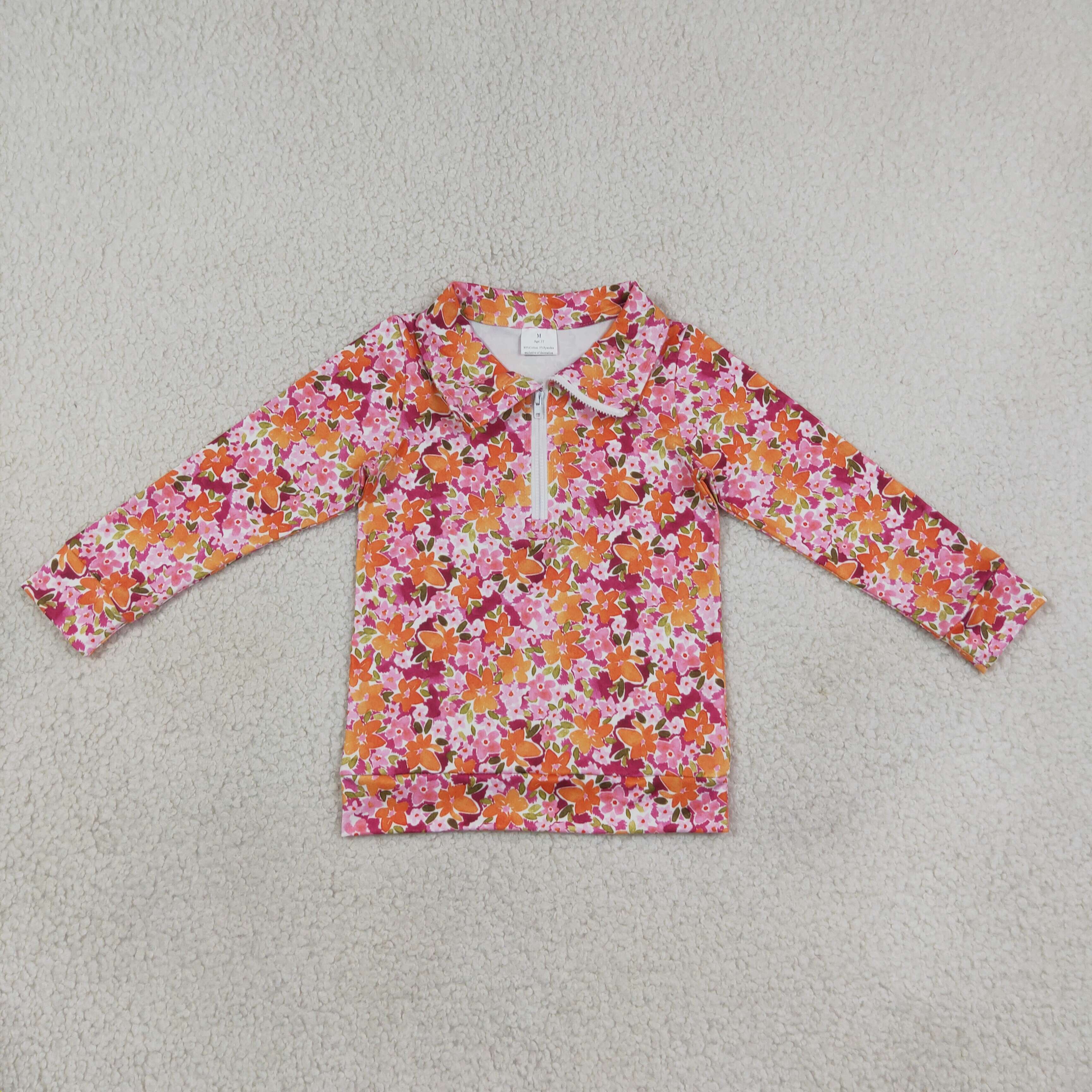RTS GT1652 orange flowers leaves print long sleeve girl zipper pullover