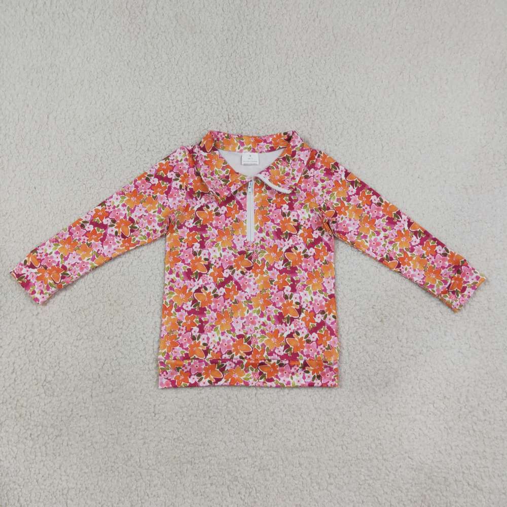RTS GT1652 orange flowers leaves print long sleeve girl zipper pullover
