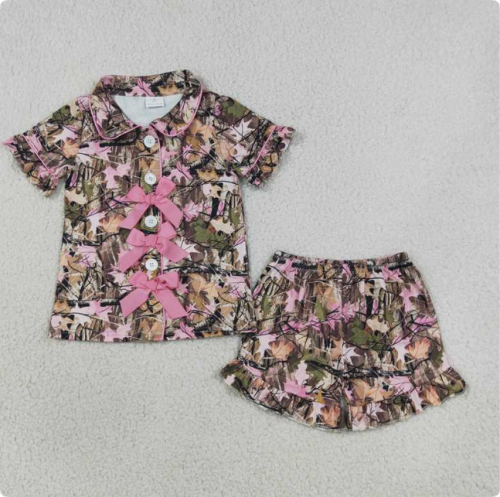 GSSO3364 Baby Girls Southern Leaves Camo Button Top Ruffle Shorts Hunting Pajamas Sets
