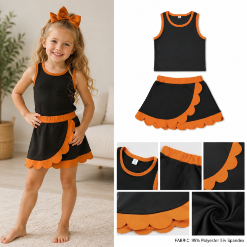 GSD4259 Black orange trim print active girl yoga skirt team scallop dress