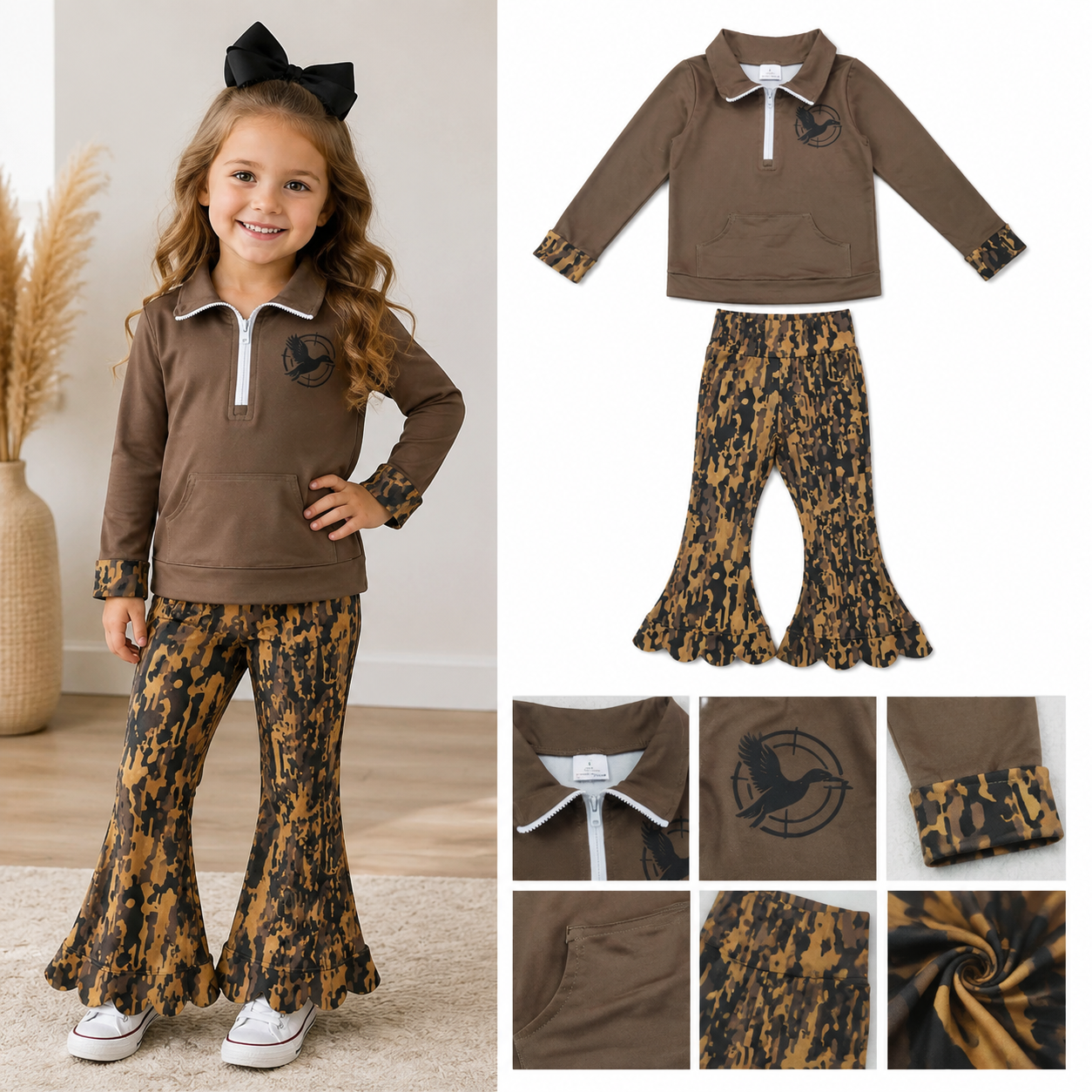 GLP3373 Brown duck embroidery leopard scallop Print long sleeve girl outfits