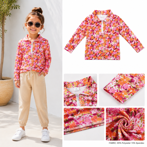 RTS GT1652 orange flowers leaves print long sleeve girl zipper pullover