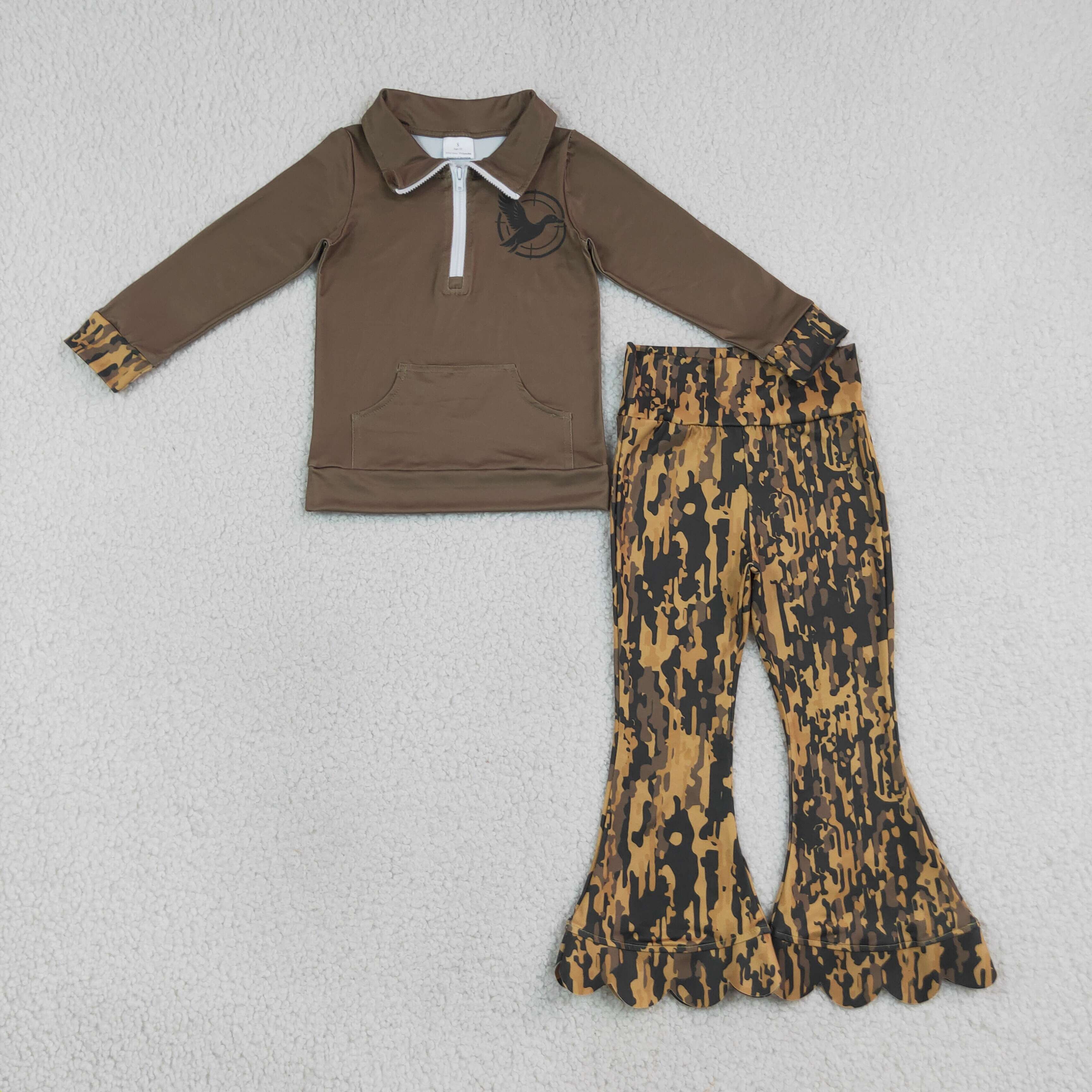 GLP3373 Brown duck embroidery leopard scallop Print long sleeve girl outfits