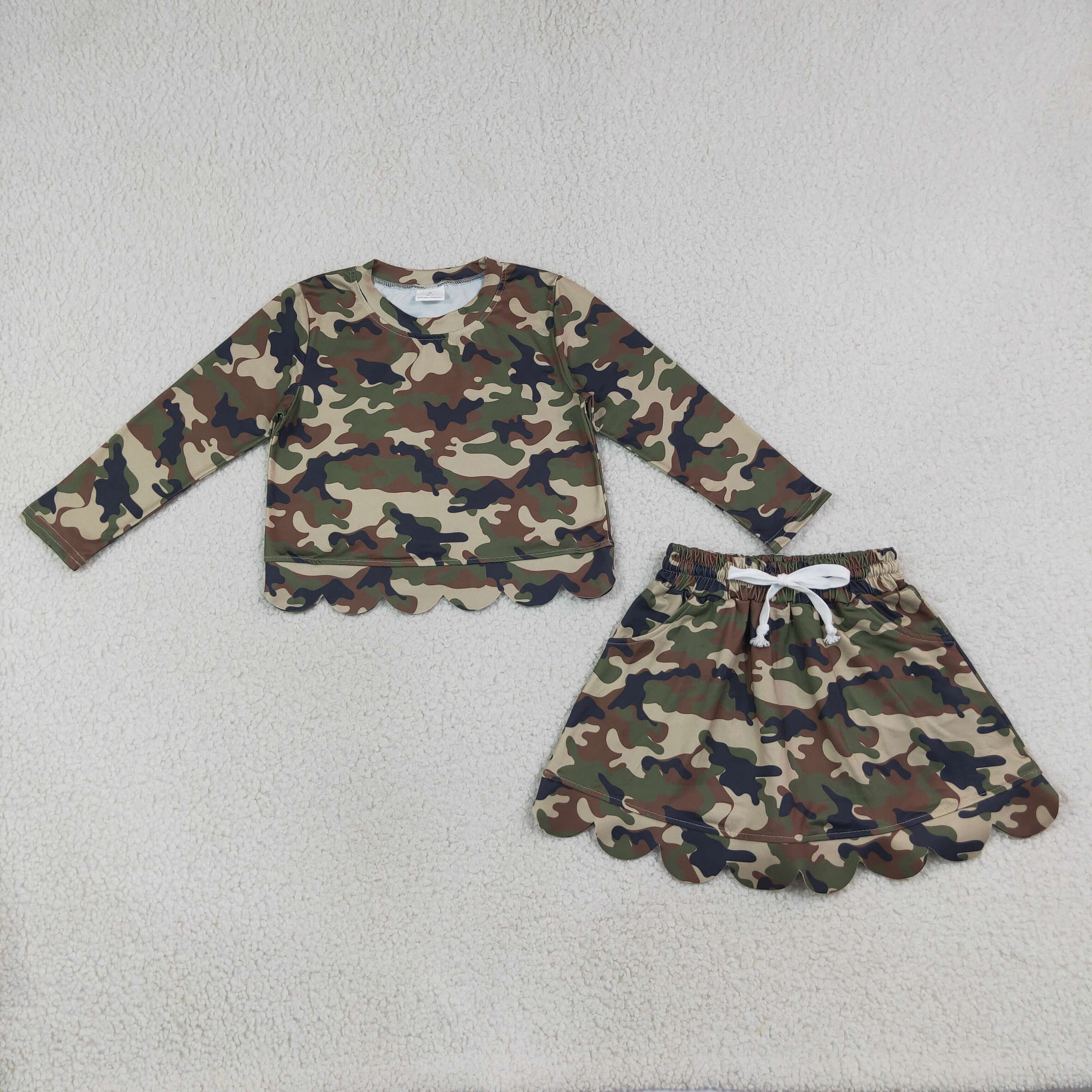GLD1620  Brown green DUCK camo Print Long sleeve girl SCALLOP  outfits