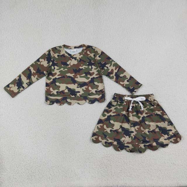 GLD1620  Brown green DUCK camo Print Long sleeve girl SCALLOP  outfits