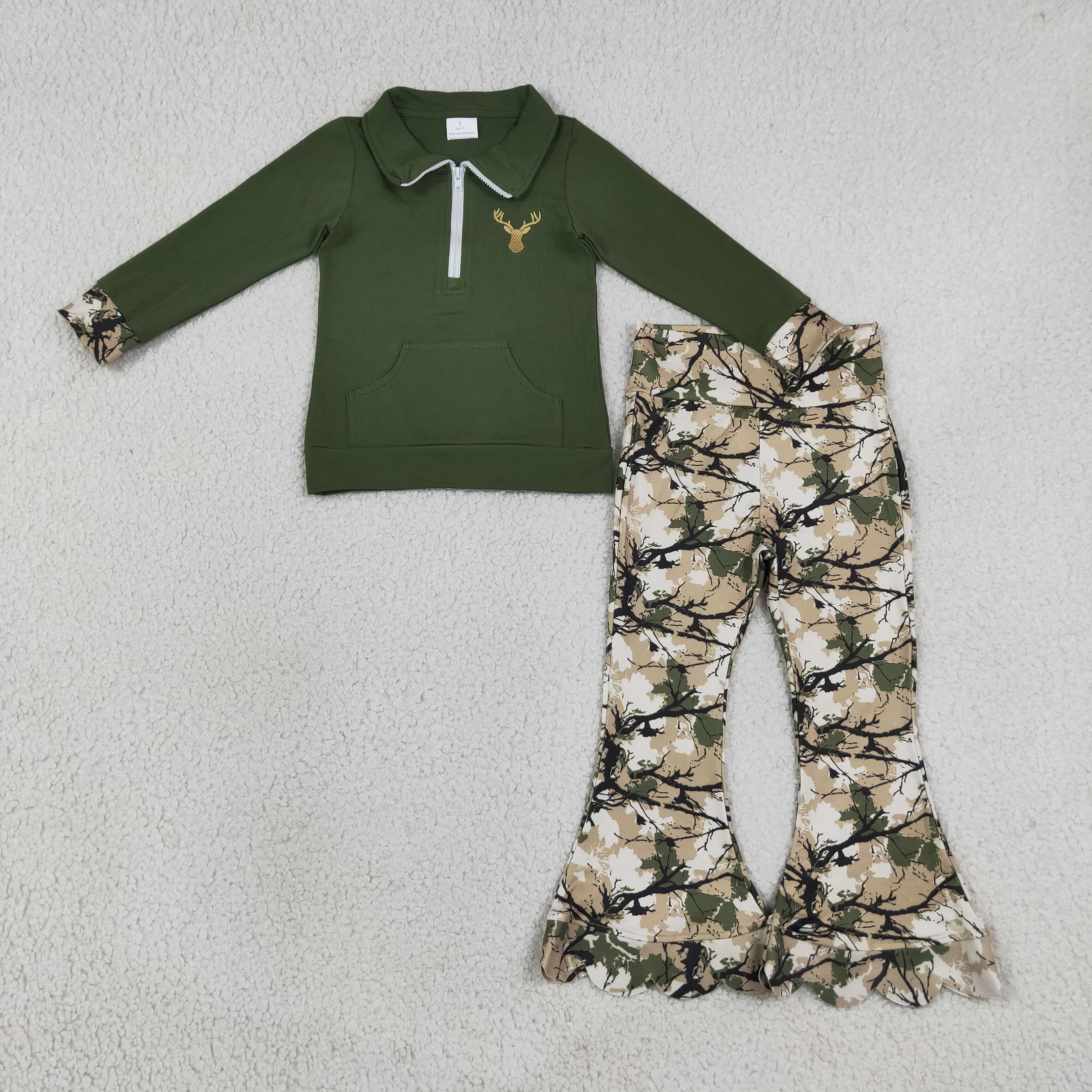 GLP3369  Green deer embroidery scallop Print long sleeve girl outfits