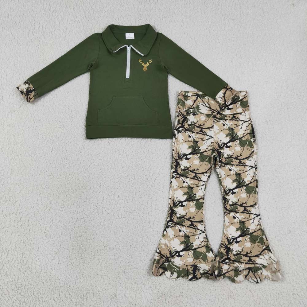 GLP3369  Green deer embroidery scallop Print long sleeve girl outfits