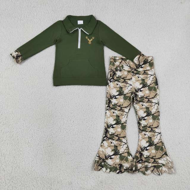 GLP3369  Green deer embroidery scallop Print long sleeve girl outfits
