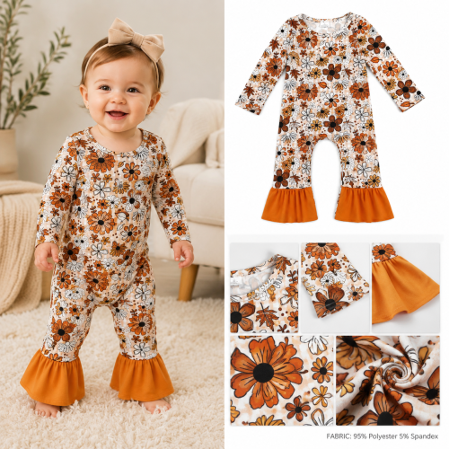 LR3024 Baby orange Flowers leaves Long sleeve fall season Rompers