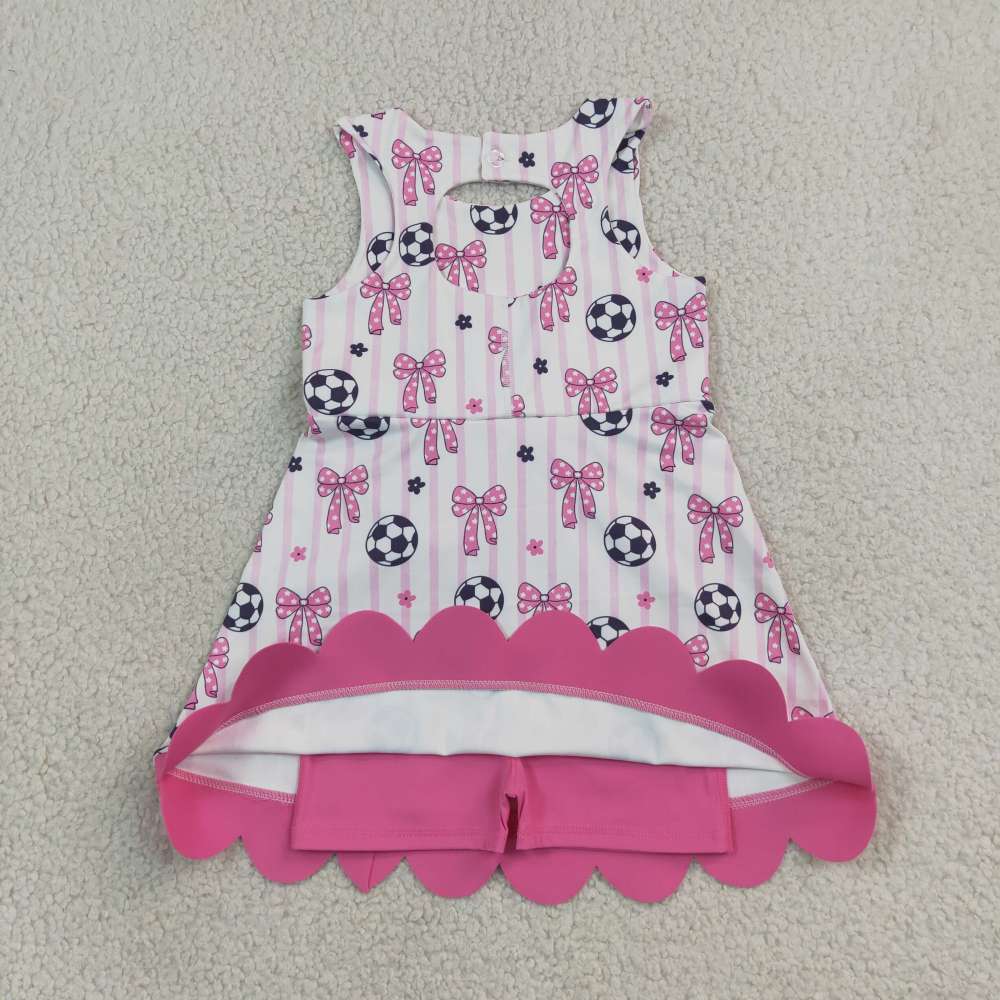 GSD4100 RTS Pink white stripe bows football print active girl yoga scallop dress
