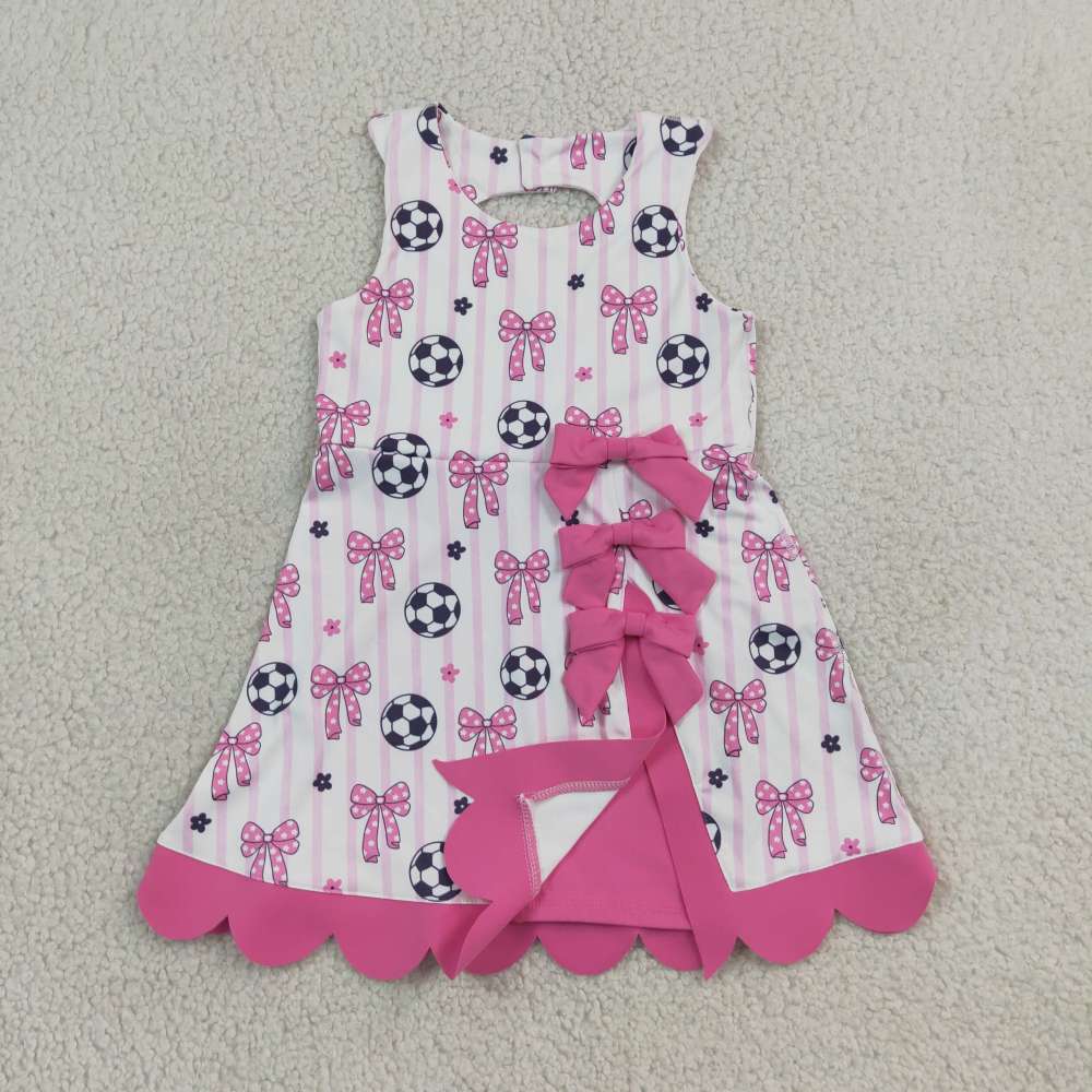 GSD4100 RTS Pink white stripe bows football print active girl yoga scallop dress