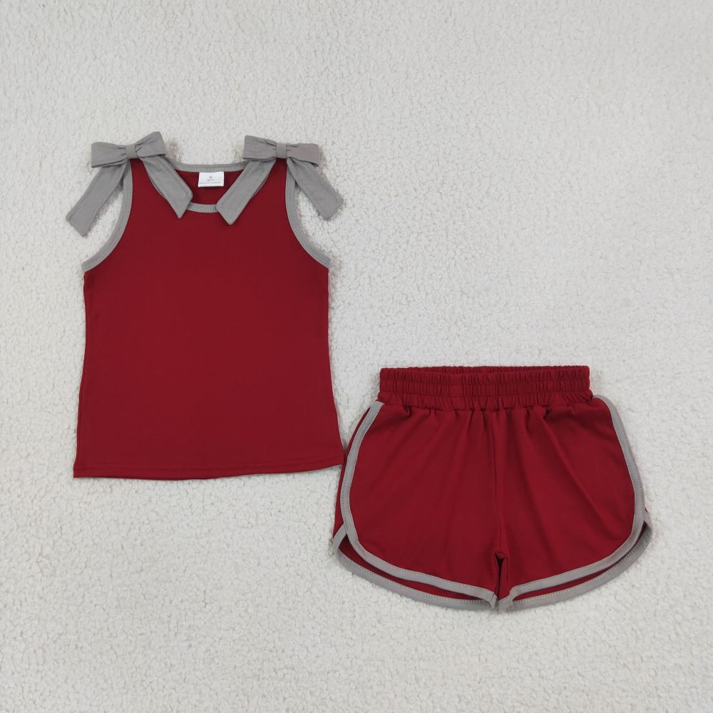 GSSO3820 Baby Girls Grey Bows dark red Sleeveless Top Short school Team Clothes Sets