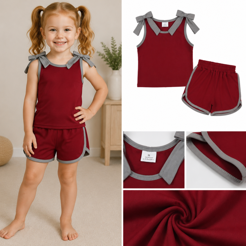 GSSO3820 Baby Girls Grey Bows dark red Sleeveless Top Short school Team Clothes Sets