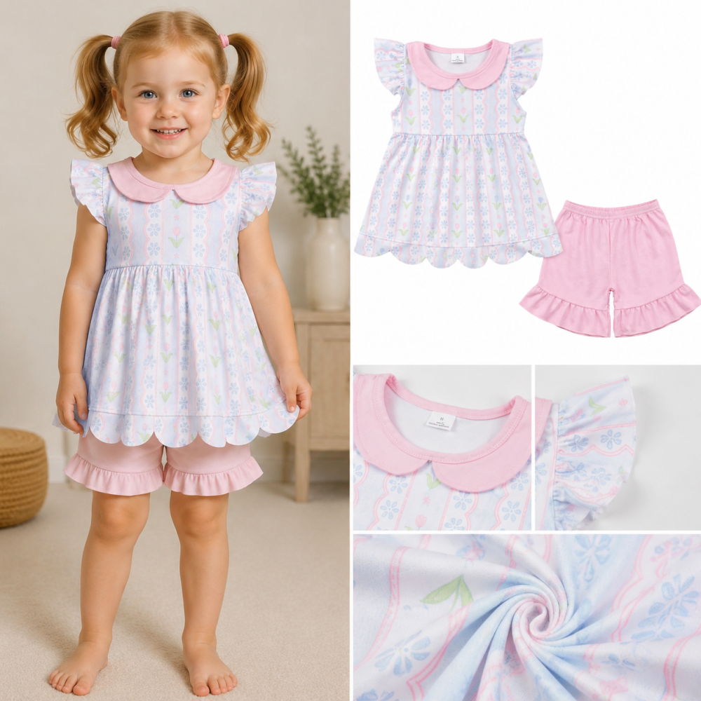 GSSO3490 Colorful flowers flying sleeve girl scallop outfits