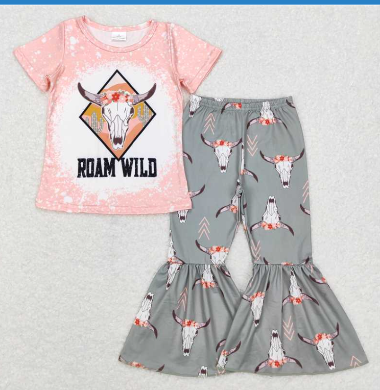 GSPO0914 roam wild alpine bull head pink green short sleeves pants suit