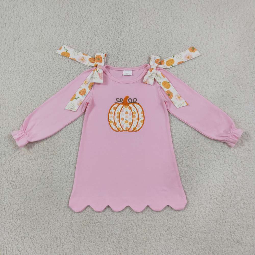 GLD1642 RTS Pink fall pumpkin embroidery girl summer dress