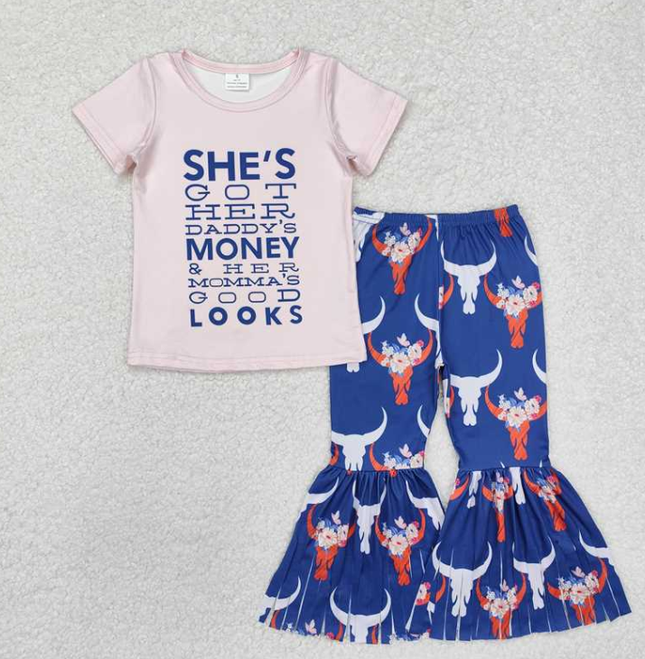 GSPO1720 money looks pink short-sleeved alpine cow head fringed blue trousers suit