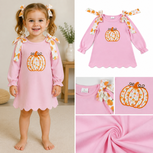 GLD1642 RTS Pink fall pumpkin embroidery girl summer dress