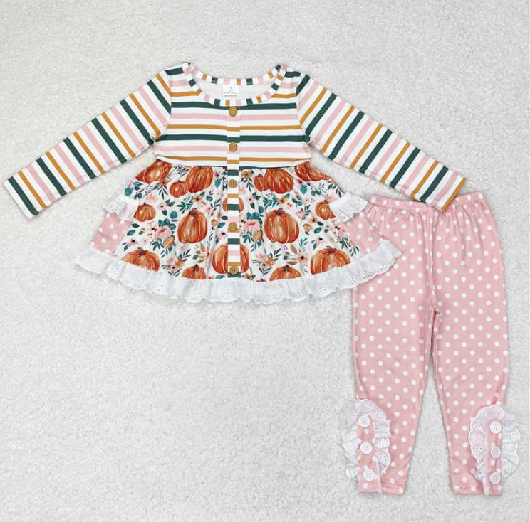 GLP1232 leaves pumpkin colorful stripe Print long sleeve girl outfits