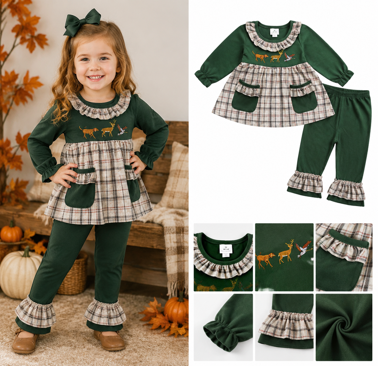 GLP0162 Green deer embroidery long sleeve girl outfits