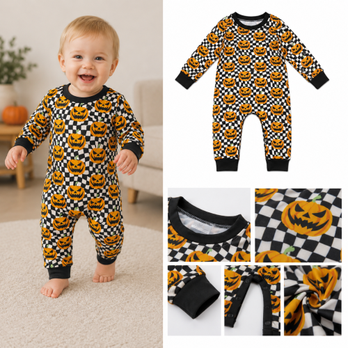 LR1389 Baby black white Halloween Pumpkin Long sleeve Rompers