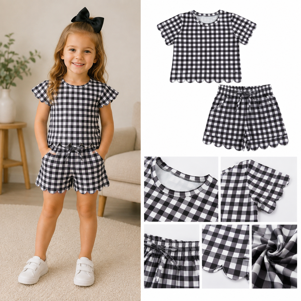 GSSO3842 Black white plaid Print Short sleeve girl SCALLOP  outfits