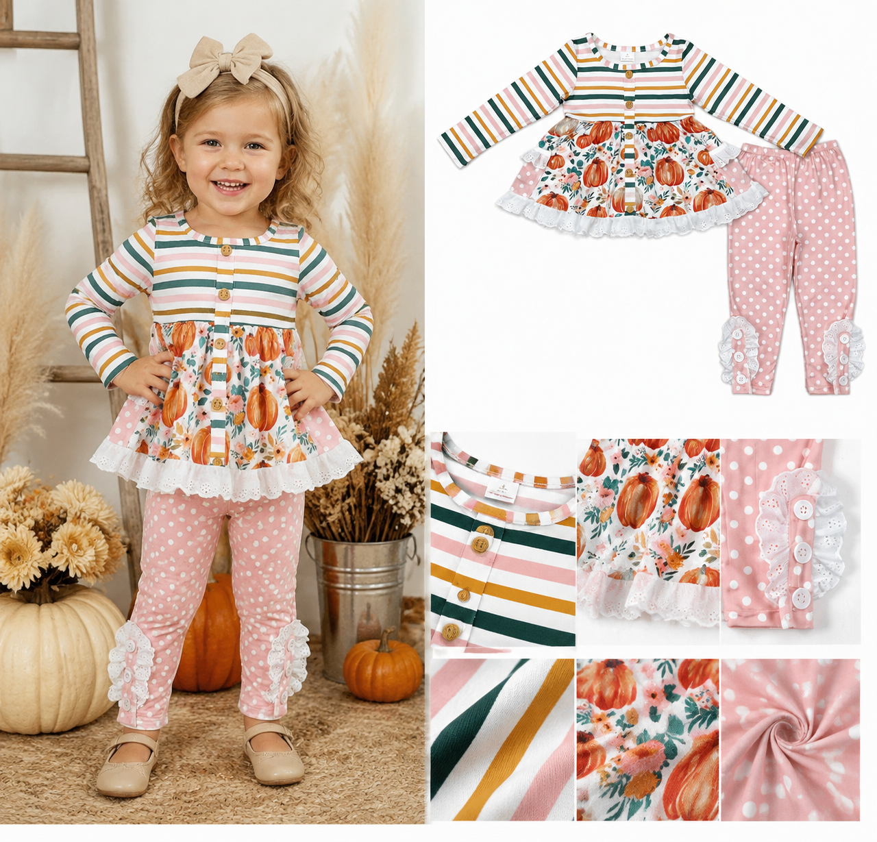 GLP1232 leaves pumpkin colorful stripe Print long sleeve girl outfits