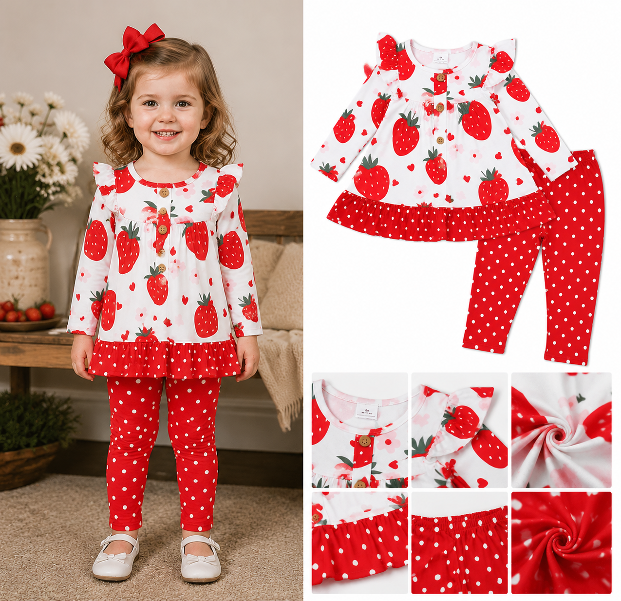 GLP0892 Red strawberry heart long sleeve girl outfits