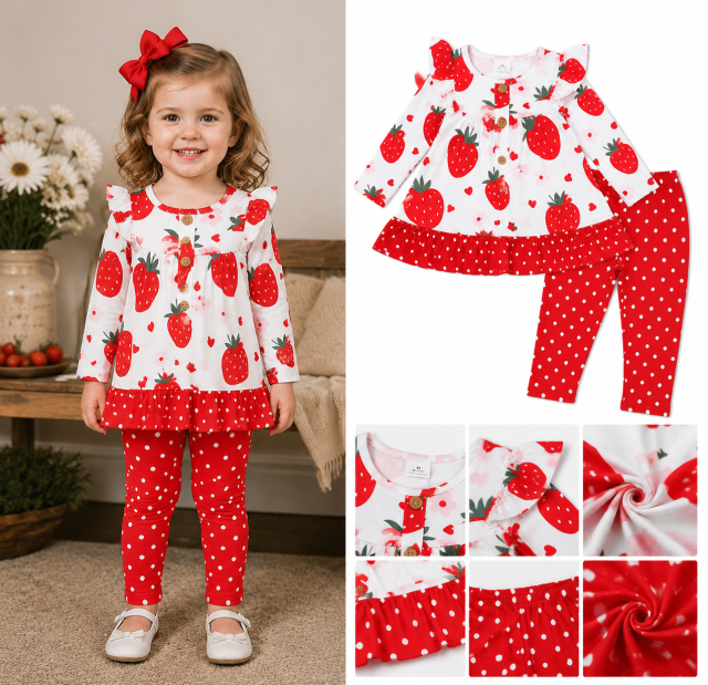 GLP0892 Red strawberry heart long sleeve girl outfits