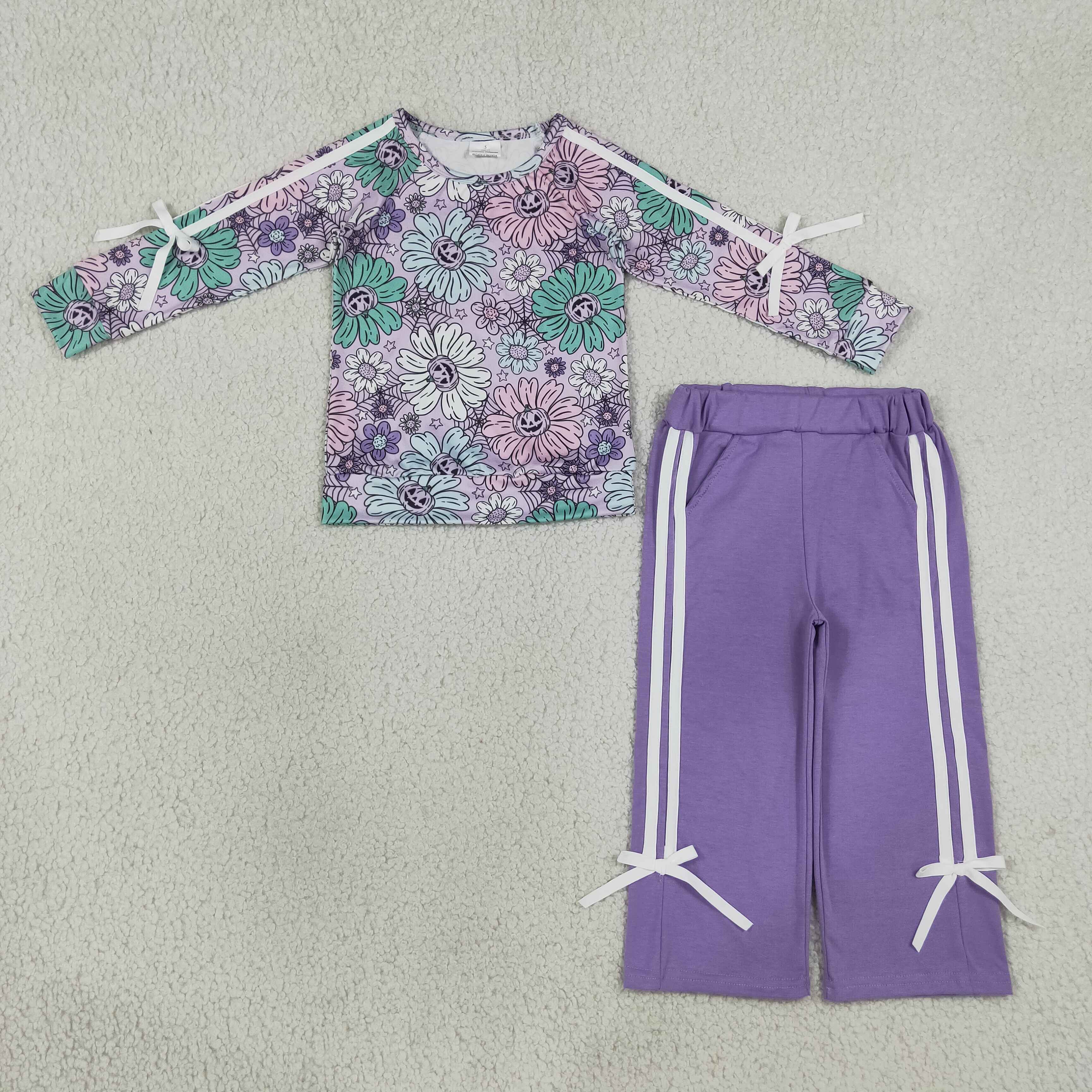 GLP3353  Purple flowers Halloween pumpkin Print long sleeve girl outfits