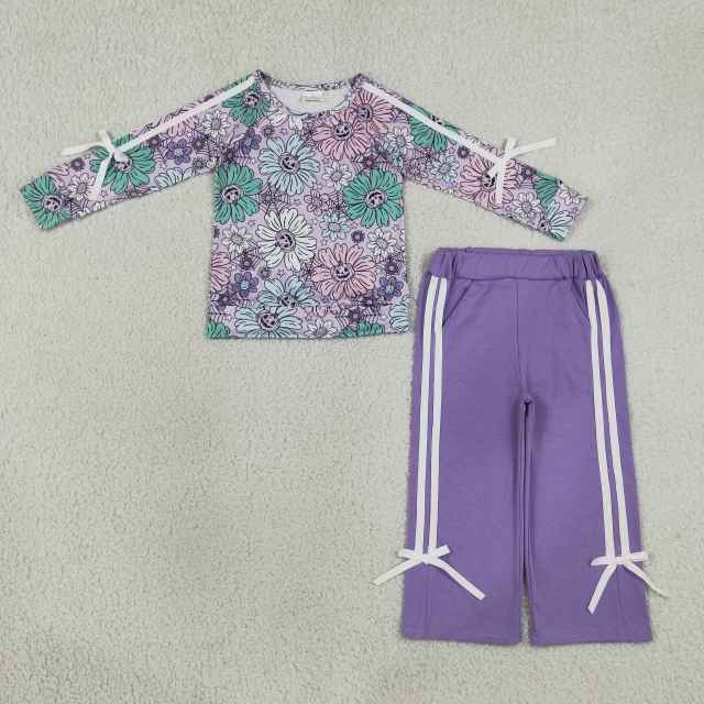 GLP3353  Purple flowers Halloween pumpkin Print long sleeve girl outfits