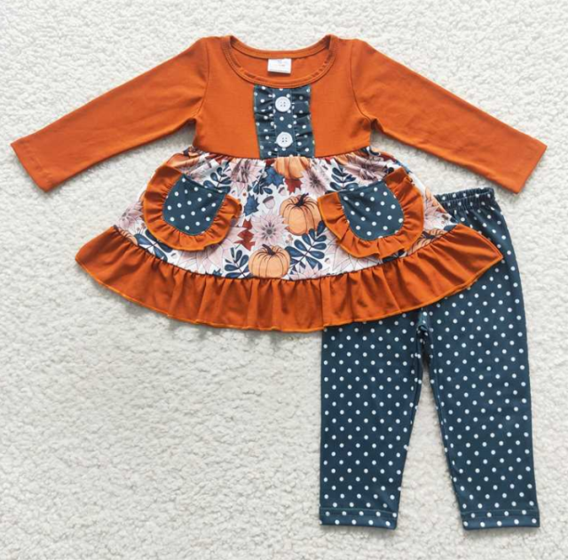 GLP0682 leaves orange pumpkin Print long sleeve girl outfits with pocket