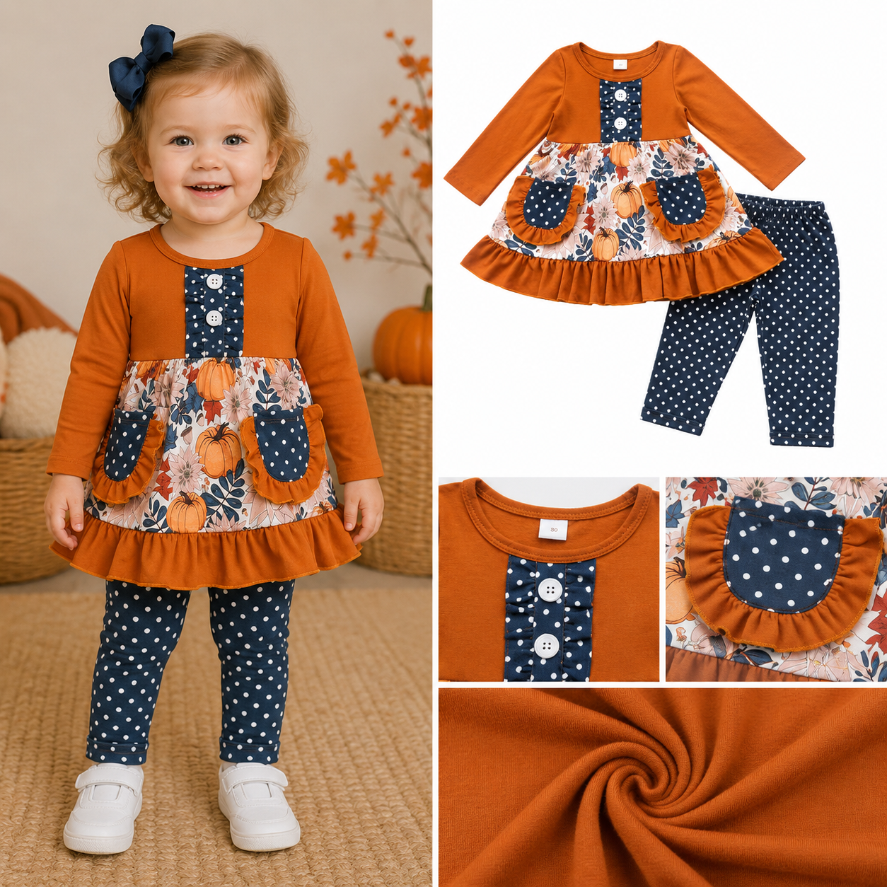 GLP0682 leaves orange pumpkin Print long sleeve girl outfits with pocket