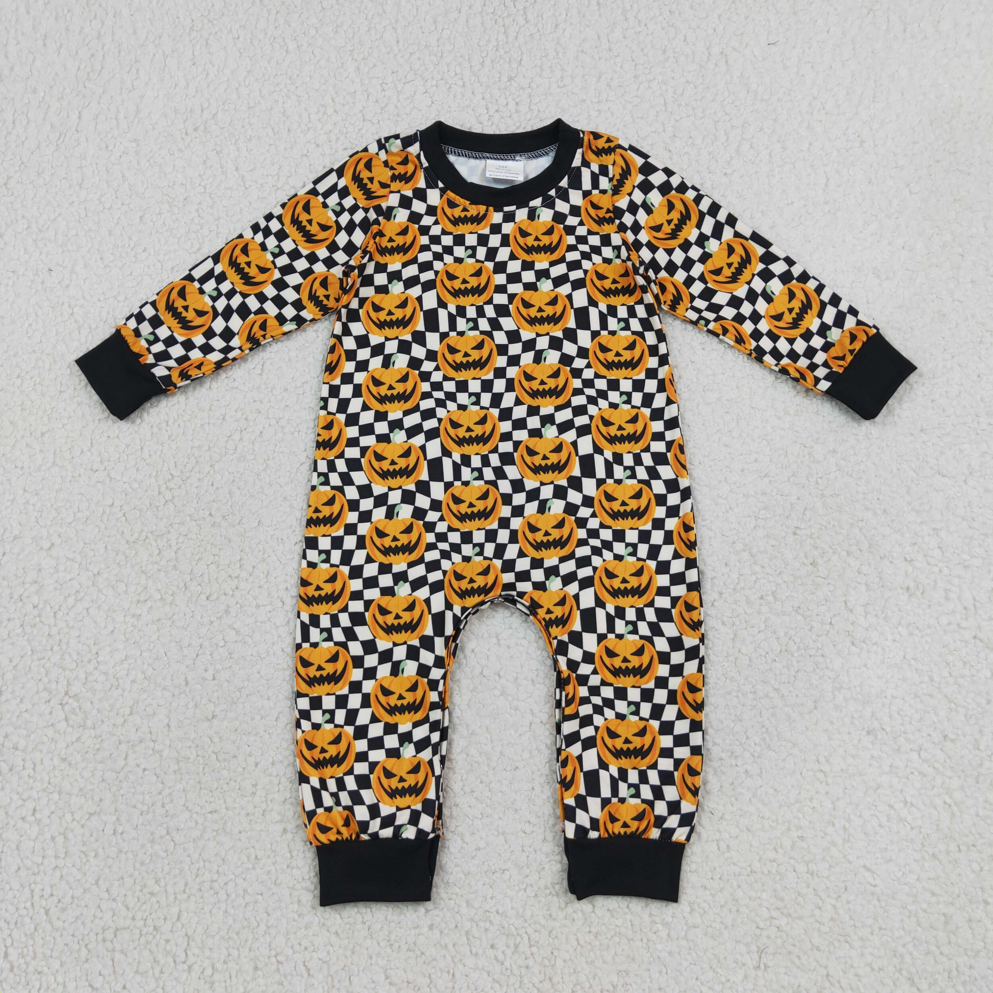 LR1389 Baby black white Halloween Pumpkin Long sleeve Rompers