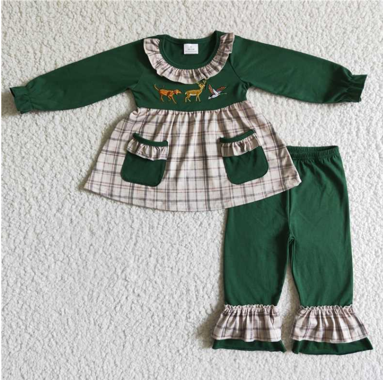 GLP0162 Green deer embroidery long sleeve girl outfits