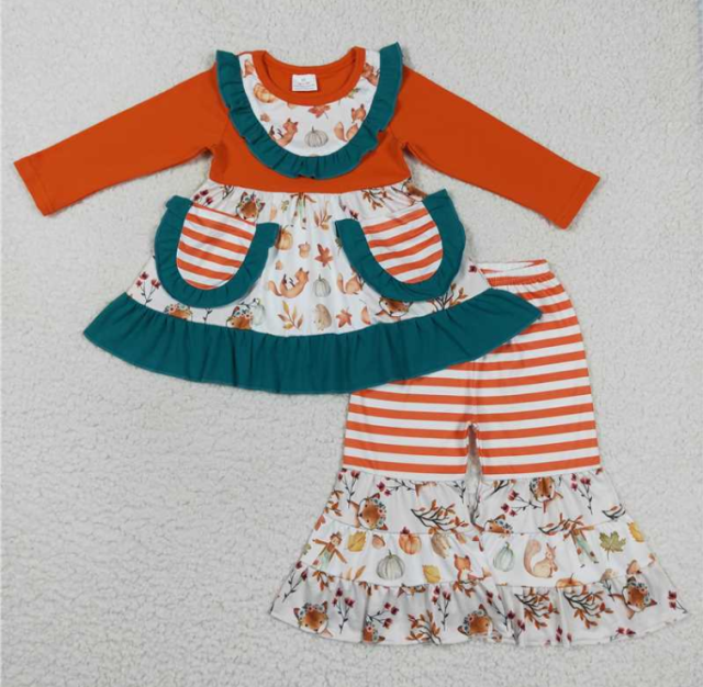 GLP0743 leaves orange pumpkin stripe  Print long sleeve girl outfits with pocket