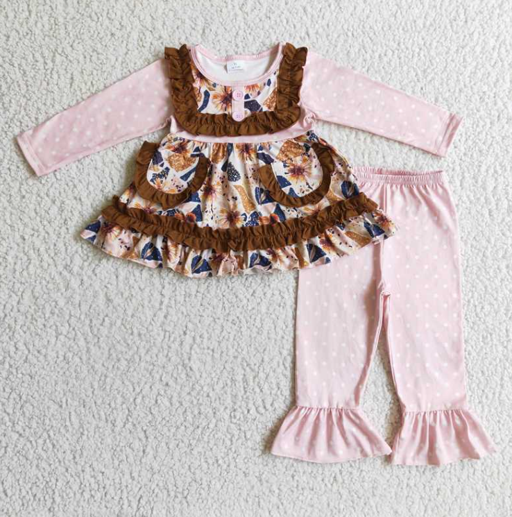 GLP0273 pink flowers pocket long sleeve girl outfits