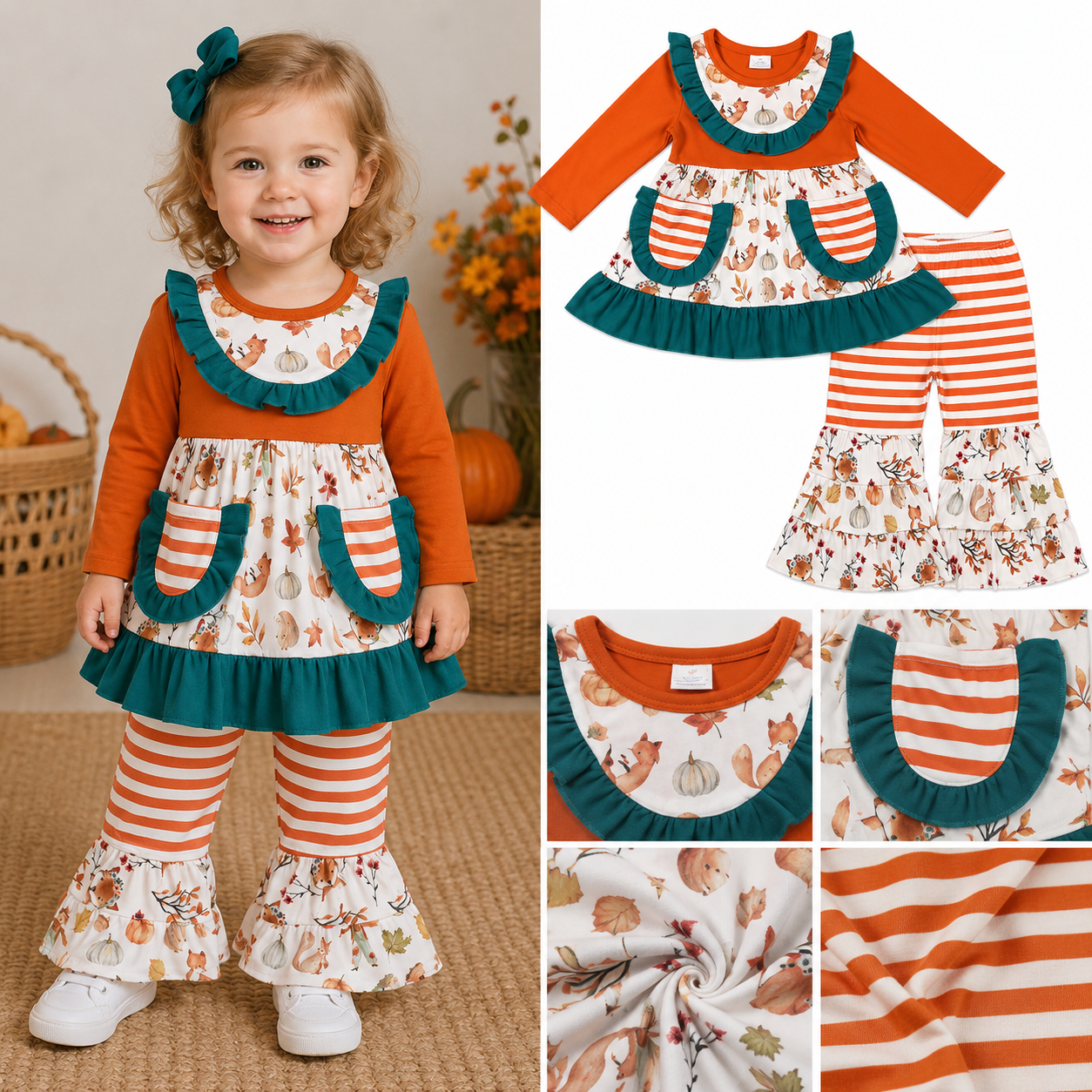 GLP0743 leaves orange pumpkin stripe  Print long sleeve girl outfits with pocket