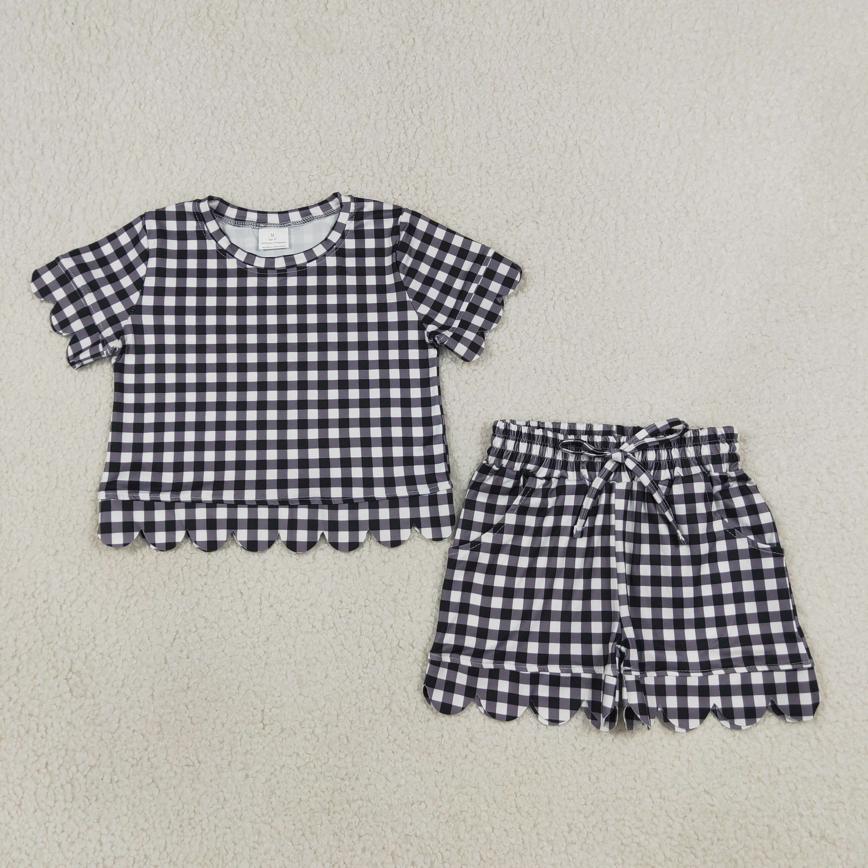 GSSO3842 Black white plaid Print Short sleeve girl SCALLOP  outfits