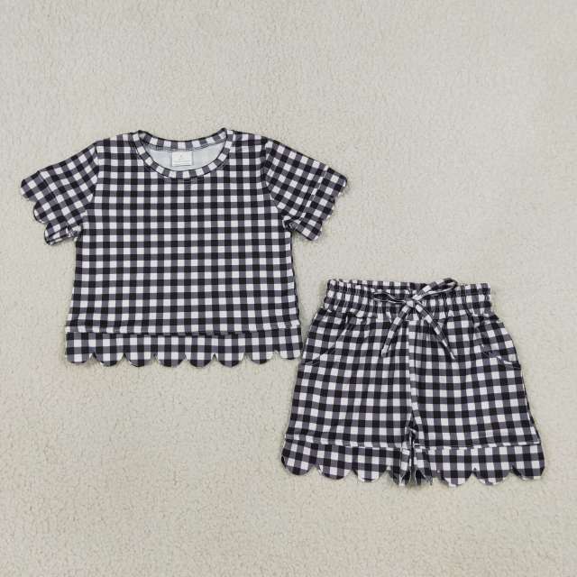 GSSO3842 Black white plaid Print Short sleeve girl SCALLOP  outfits