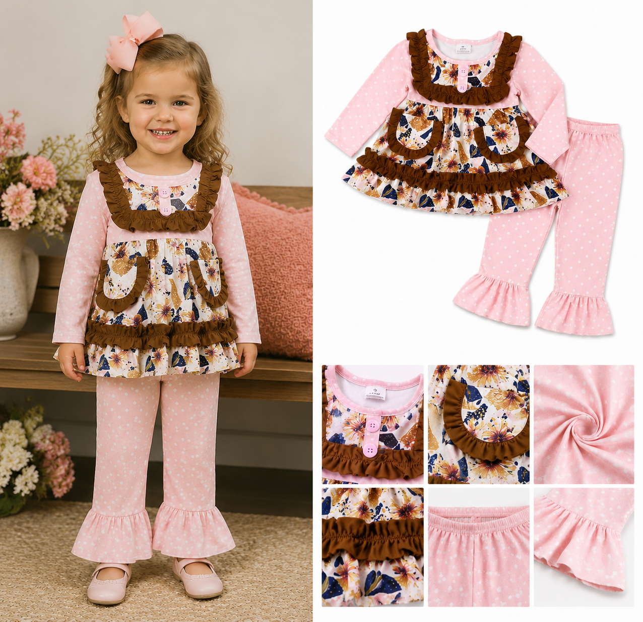 GLP0273 pink flowers pocket long sleeve girl outfits