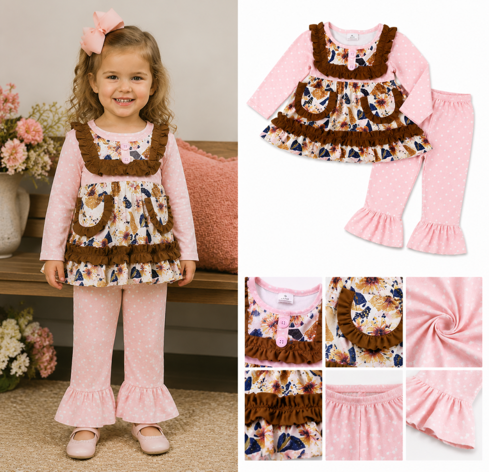 GLP0273 pink flowers pocket long sleeve girl outfits