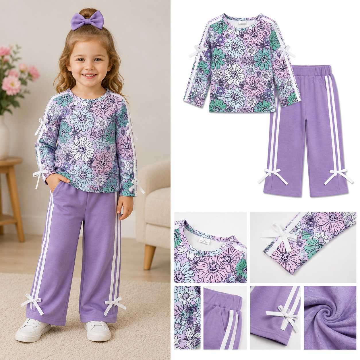 GLP3353  Purple flowers Halloween pumpkin Print long sleeve girl outfits