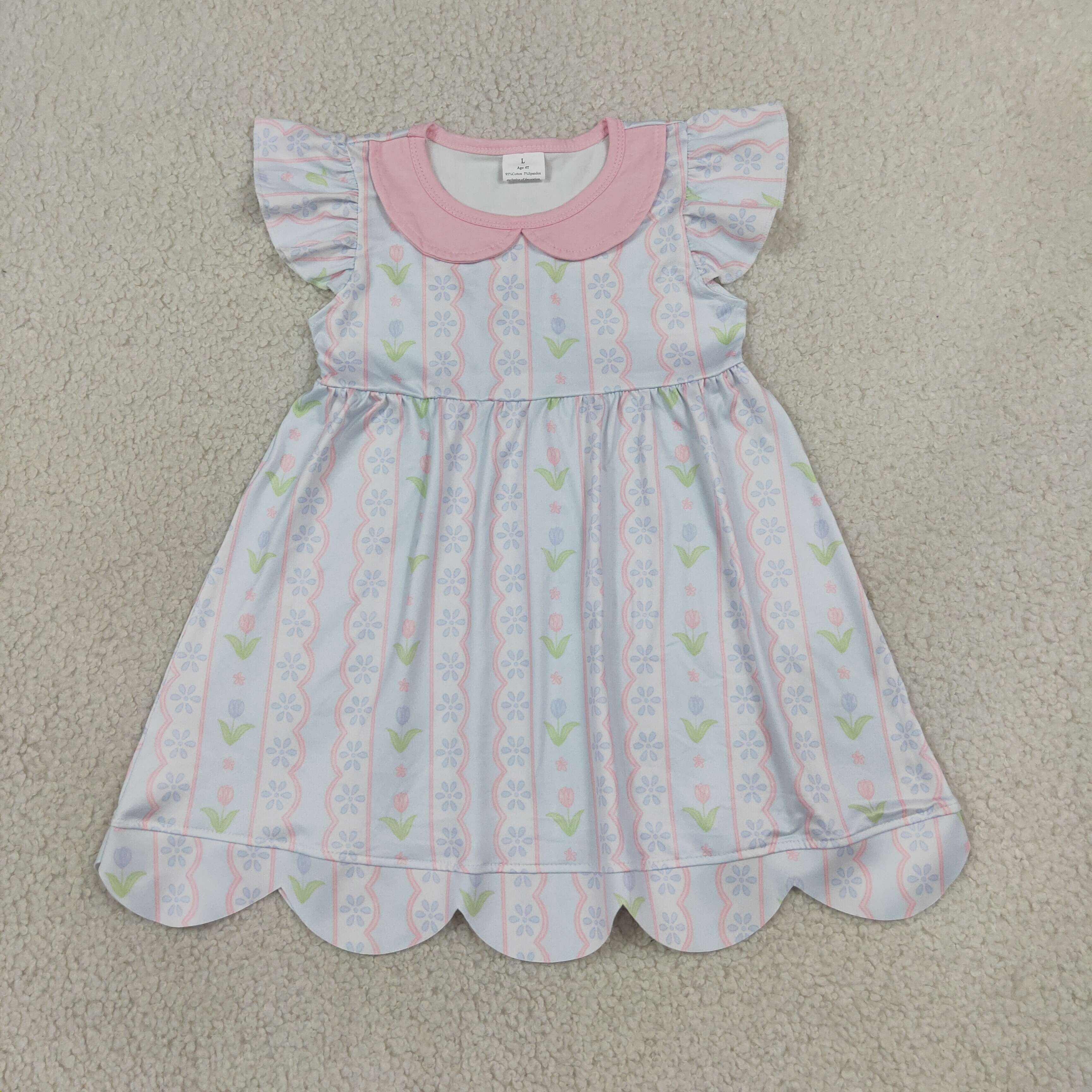 GSD3867 RTS pink Flowers stripe summer scallop dress
